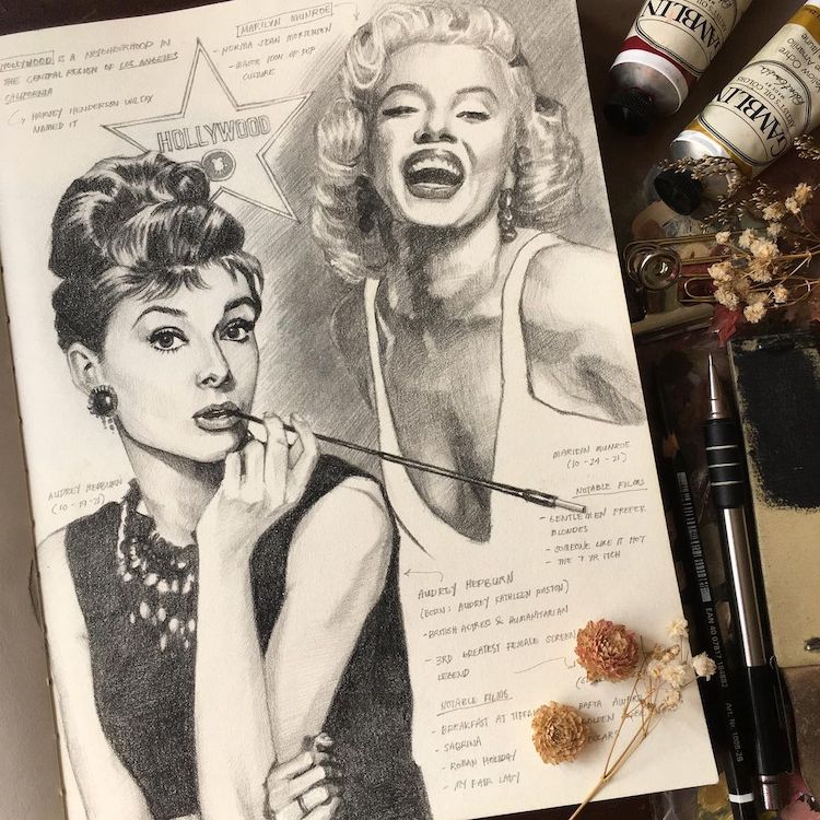 Un artiste remplit des carnets de croquis avec des dessins au crayon du vieil Hollywood et plus encore