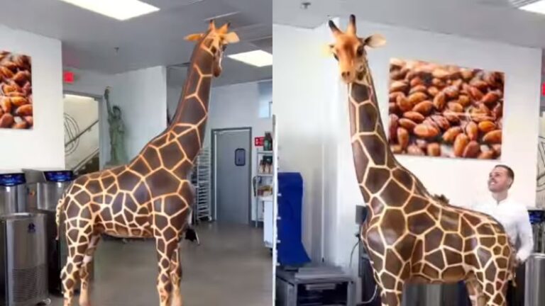 Un chef pâtissier crée une girafe de 8 pieds de haut entièrement en chocolat